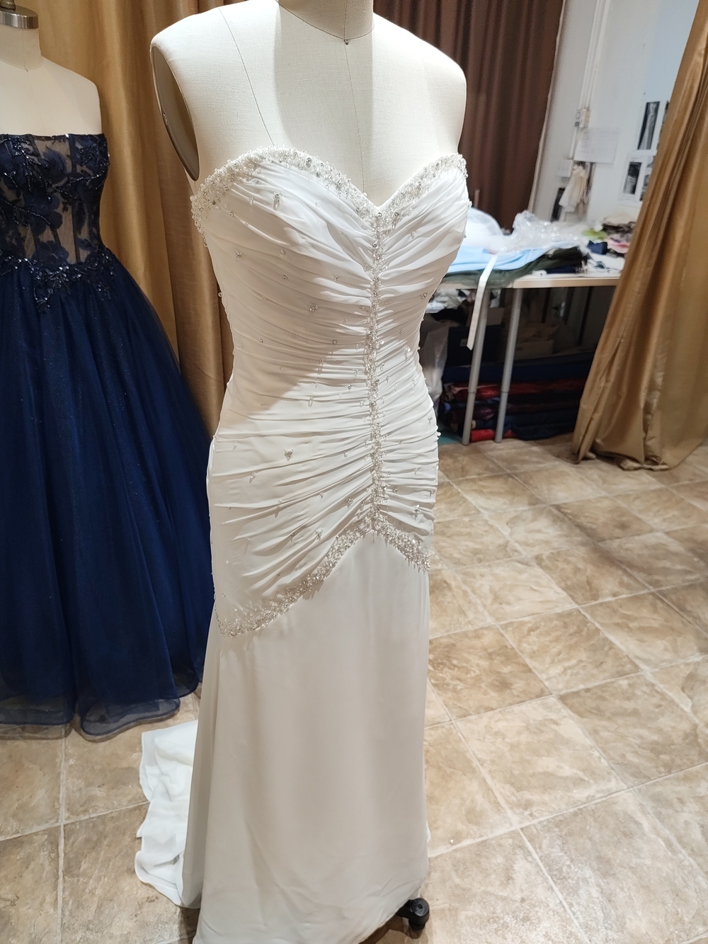 Strapless White Ruched Bridal Gown with Beaded Trim